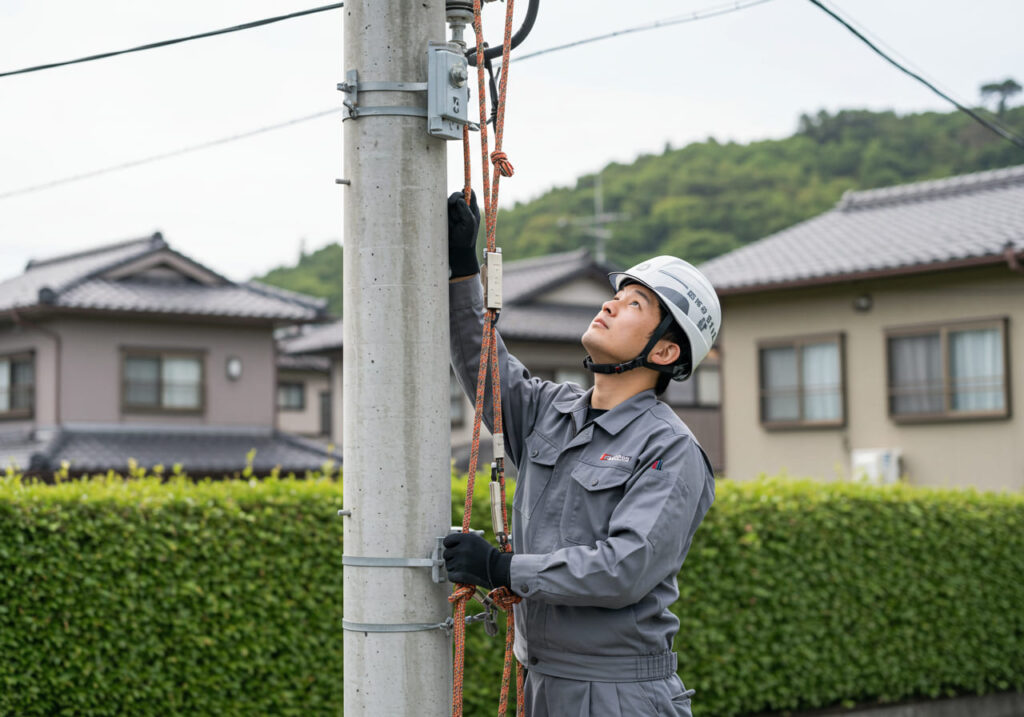 電柱でアンテナ点検作業中の男性