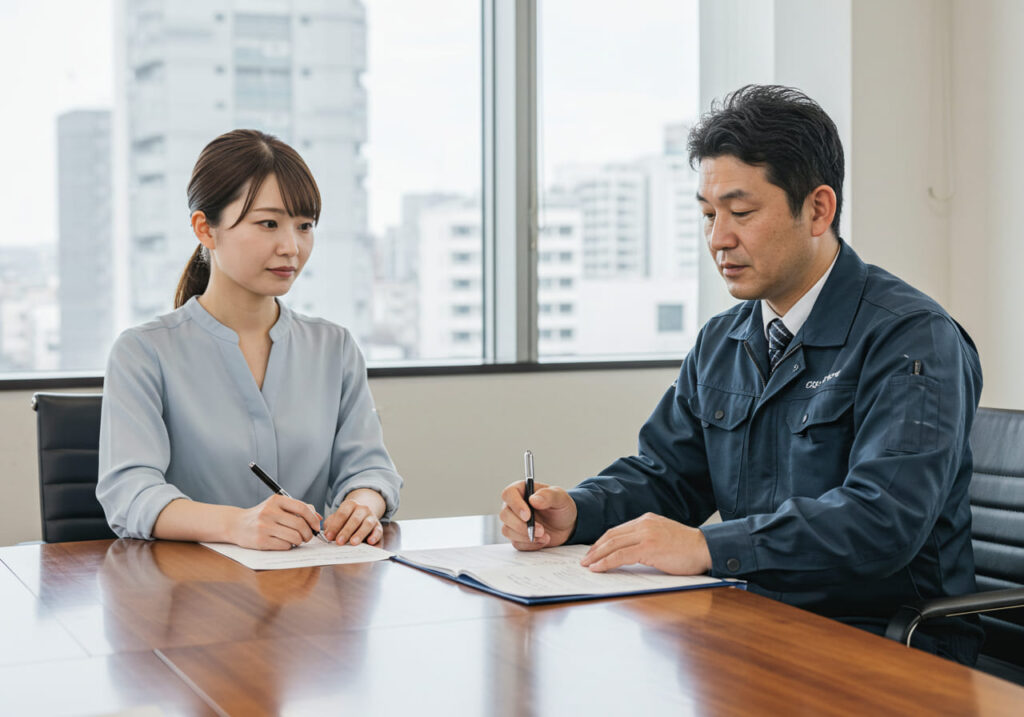 オフィスで商談する男女