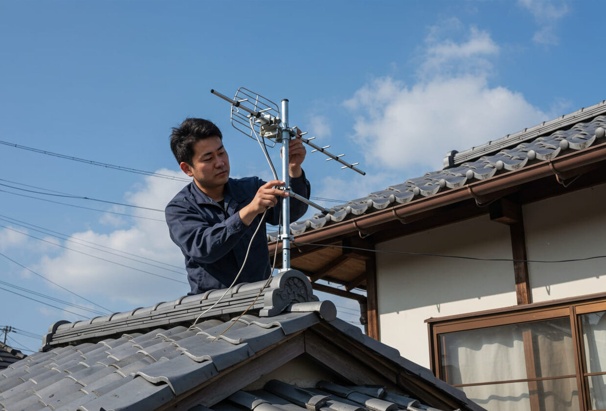 屋根の上でアンテナを調整している男性